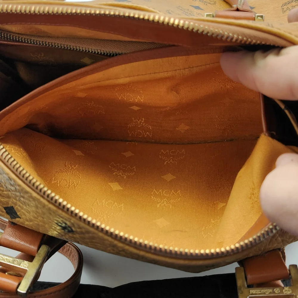 MCM Cognac Brown Monogram Satchel with Gold Hardware
